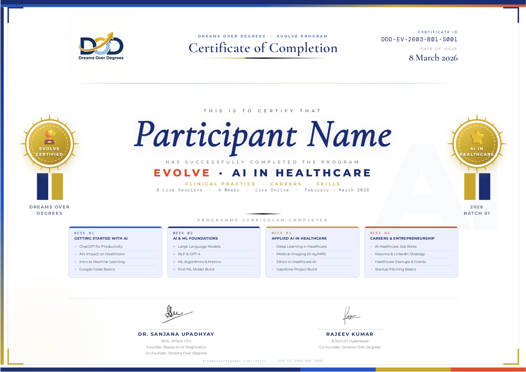 Dreams Over Degrees EVOLVE certificate sample